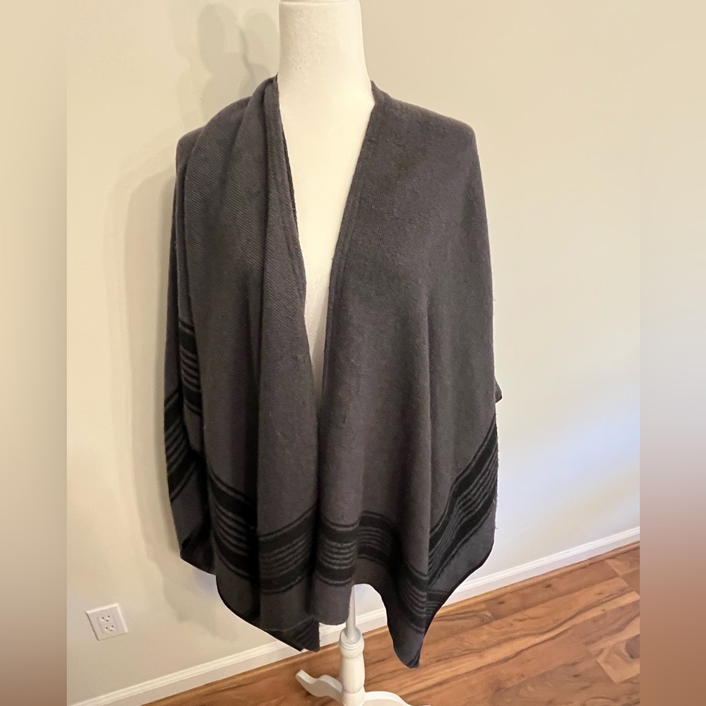 Vintage Gray Knit Shawl Cape with Black Stripes
